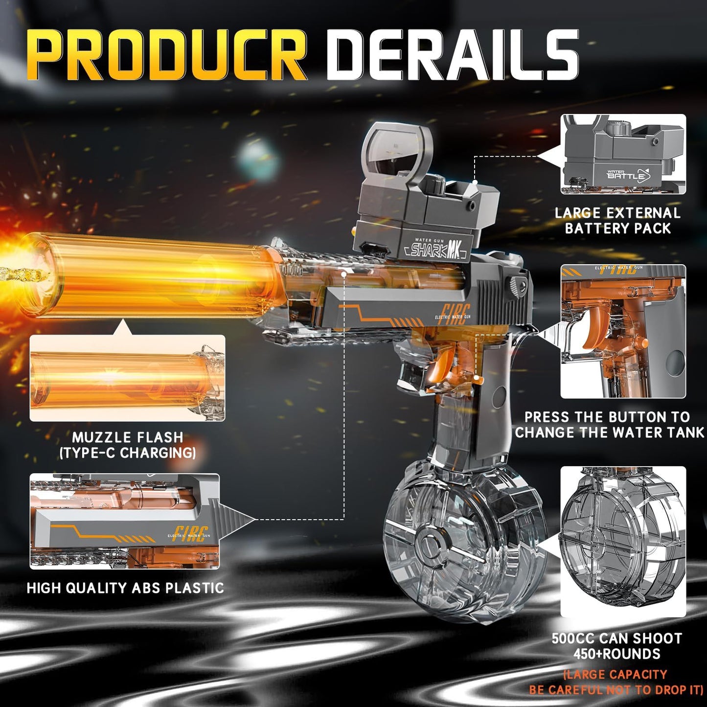 Black And Blue Desert Eagle Linkage Electric Water Gun With Flame Backlight Effect, Suitable For Summer Water Activities, Super Fun