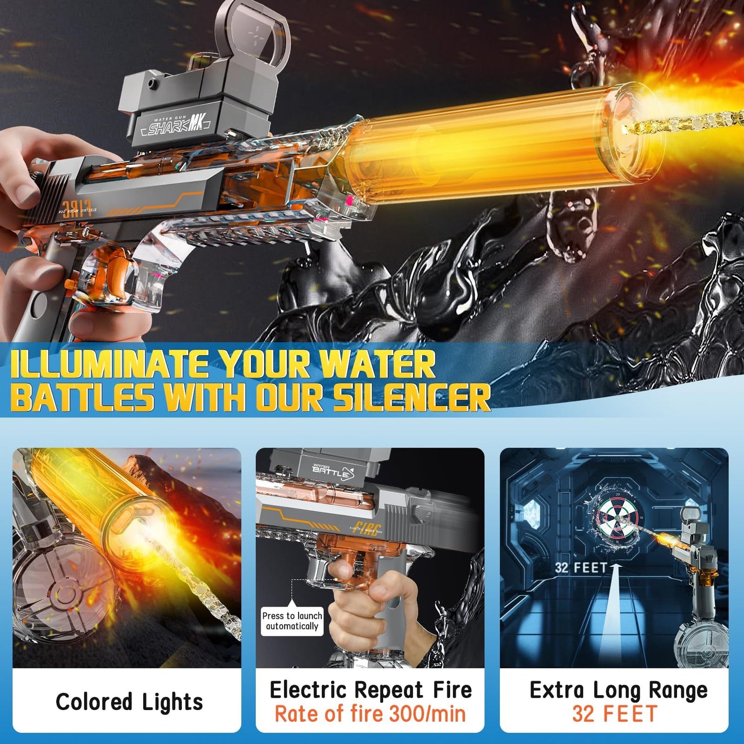 Black And Blue Desert Eagle Linkage Electric Water Gun With Flame Backlight Effect, Suitable For Summer Water Activities, Super Fun