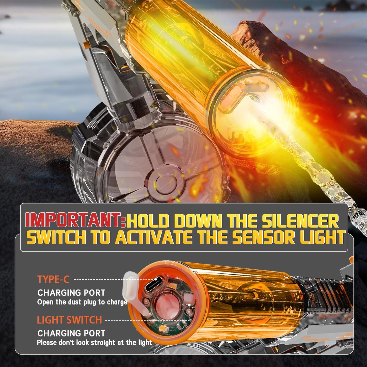 Black And Blue Desert Eagle Linkage Electric Water Gun With Flame Backlight Effect, Suitable For Summer Water Activities, Super Fun